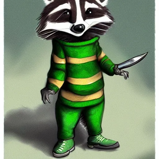 Image similar to a raccoon in a green rouge outfit with a dagger, trending on art station