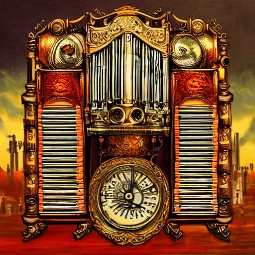 Image similar to steampunk pipe organ lp album art, intricate detail, mechanical, baroque oil painting