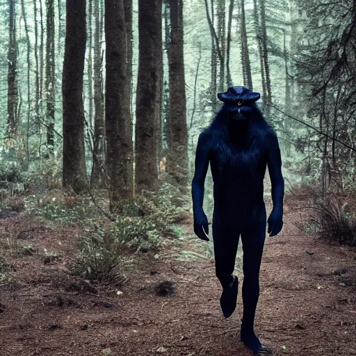 Image similar to werecreature consisting of male human and crow, photograph captured in a forest