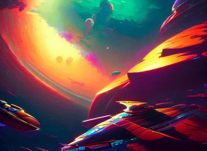 Prompt: A psychedelic spelljammer space fight , vibrant color scheme, highly detailed, in the style of romanticism, cinematic, artstation, Moebius, Greg rutkowski