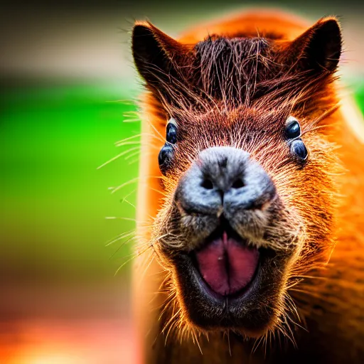 Image similar to cute capybara eating a neon nvidia gpu, chewing on a video card, cooling fans, cyberpunk, wildlife photography, bokeh, golden hour, sharp focus, 3 5 mm, taken by sony a 7 r, 4 k, award winning