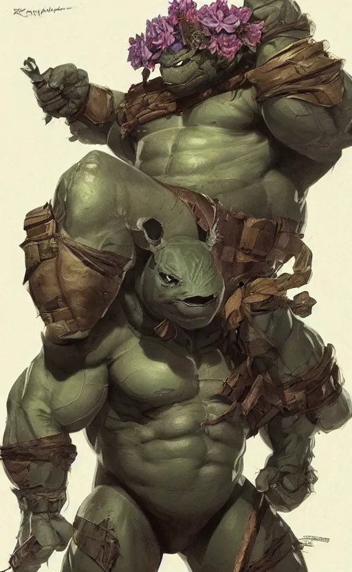 Image similar to rocksteady from tmnt, rhino, rugged, handsome, male, atmospheric lighting, amazing, full body, thighs, armpit, flowers, muscular, intricate, highly detailed, digital painting, deviantart, concept art, sharp focus, illustration, art by greg rutkowski and alphonse mucha