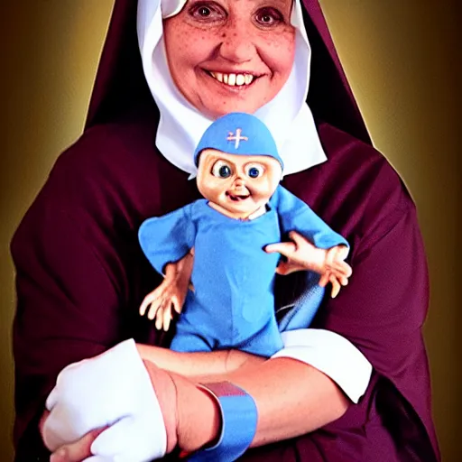 Image similar to a nun in church holding chucky the evil killer doll on her lap