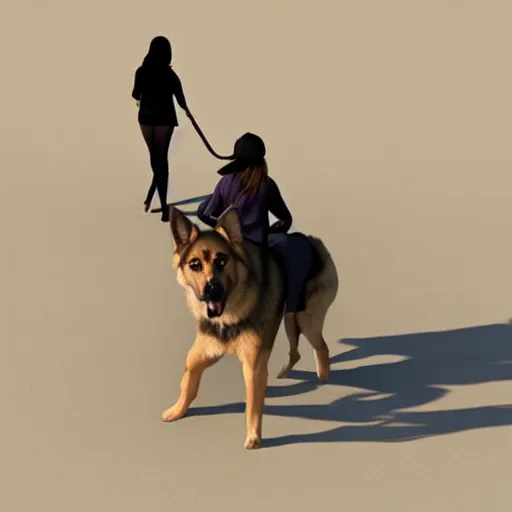 Image similar to girl riding a giant German shepherd at the beach, trending on artstation