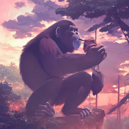 Prompt: carpenter ape in his workshop, landscape illustration concept art anime key visual trending pixiv fanbox by wlop and greg rutkowski and makoto shinkai and studio ghibli and kyoto animation