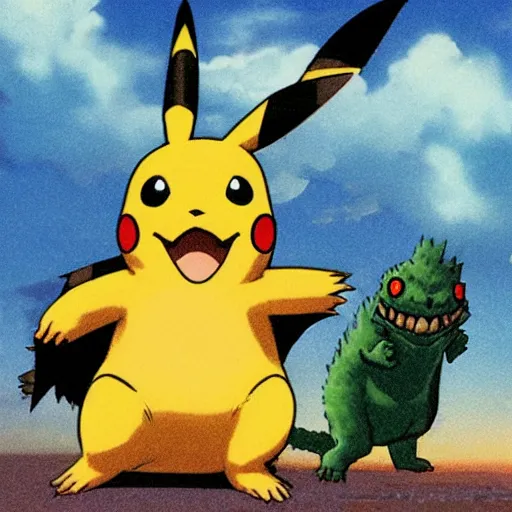 Prompt: pikachu fighting godzilla art