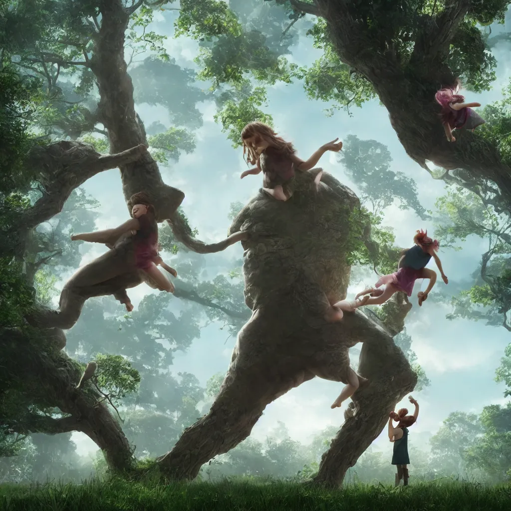 Prompt: a very large gentle giant catches a small girl who is falling out of a tree, concept art, trending on artstation, octane rendering, cinematic, hyperrealism, 8k, 4k, Raytracing, Unreal Engine, Maya