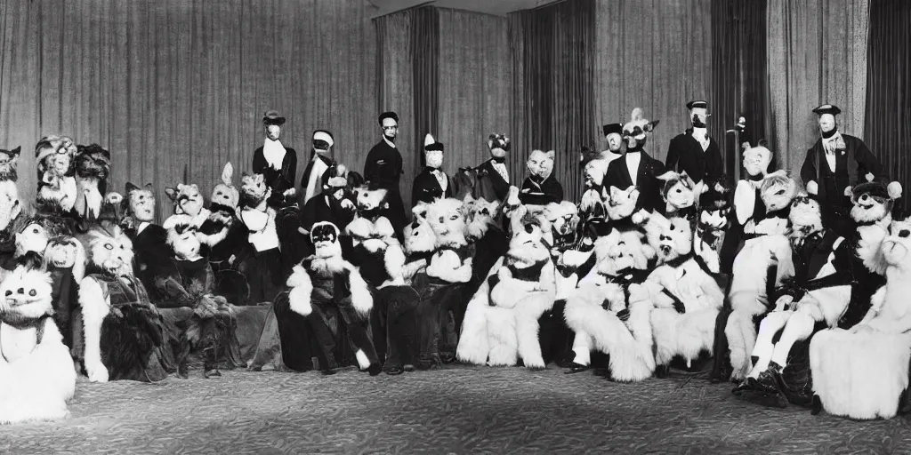 Image similar to a furry convention taking place in a luxury hotel, 1 9 0 0 s photograph