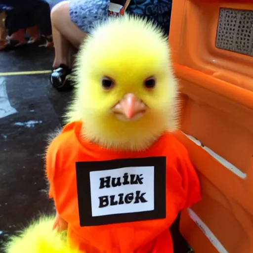 Image similar to cute baby chick dressed as an inmate