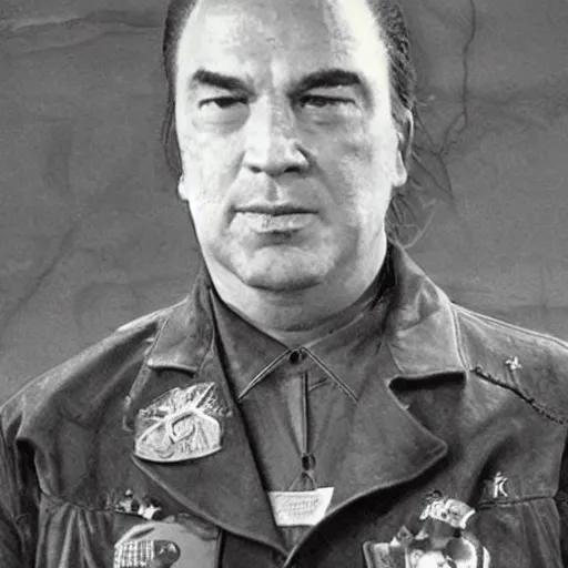 Image similar to Steven Seagal dressed as a soviet commander, realistic portrait.