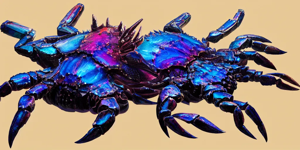 Image similar to Iridescent crab seamonster, character design sheet, Monster Hunter Illustrations art book, diamond sharp claws, huge arms, iridescent shards on its back, Moebius, Greg Rutkowski, Zabrocki, Karlkka, Jayison Devadas, Phuoc Quan, trending on Artstation, 8K, ultra wide angle, zenith view, pincushion lens effect.