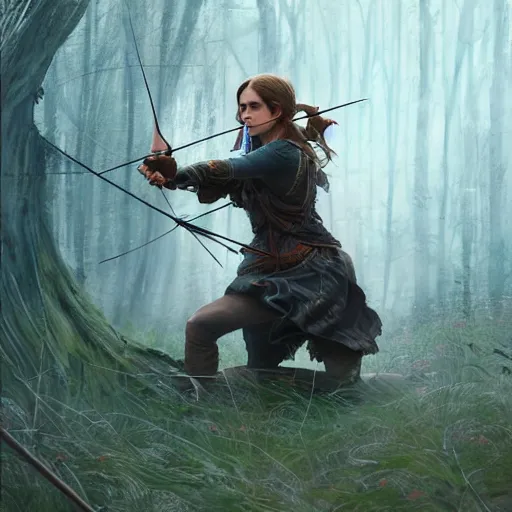 Prompt: portait of a emma watson archer shooting arrow at forest monster, front game card, drark, marvel comics, dark, intricate, highly detailed, smooth, artstation, digital illustration by ruan jia and mandy jurgens and artgerm and wayne barlowe and greg rutkowski and zdislav beksinski