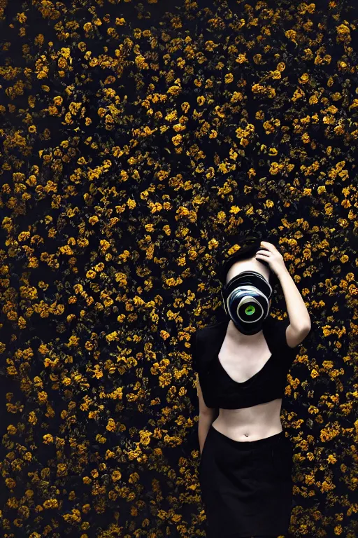 Prompt: a surreal portrait of a woman wearing gas mask falling into a wall of black flowers in the style of brooke didonato, editorial fashion photography from vogue magazine, full shot, nikon d 8 1 0, ƒ / 2. 5, focal length : 8 5. 0 mm, exposure time : 1 / 8 0 0, iso : 2 0 0