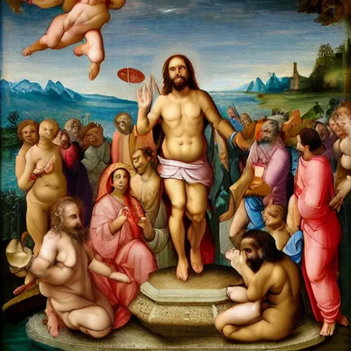 Prompt: A Renaissance painting of Jesus at a pool party with Greek and Hindu deities, highly detailed