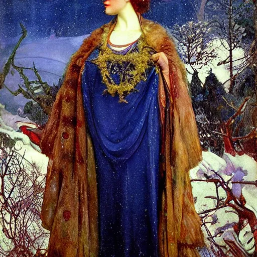 Image similar to the queen of the winter in full regalia, by Annie Swynnerton and Diego Rivera and Tino Rodriguez and Maxfield Parrish, elaborately costumed, rich color, dramatic cinematic lighting, extremely detailed