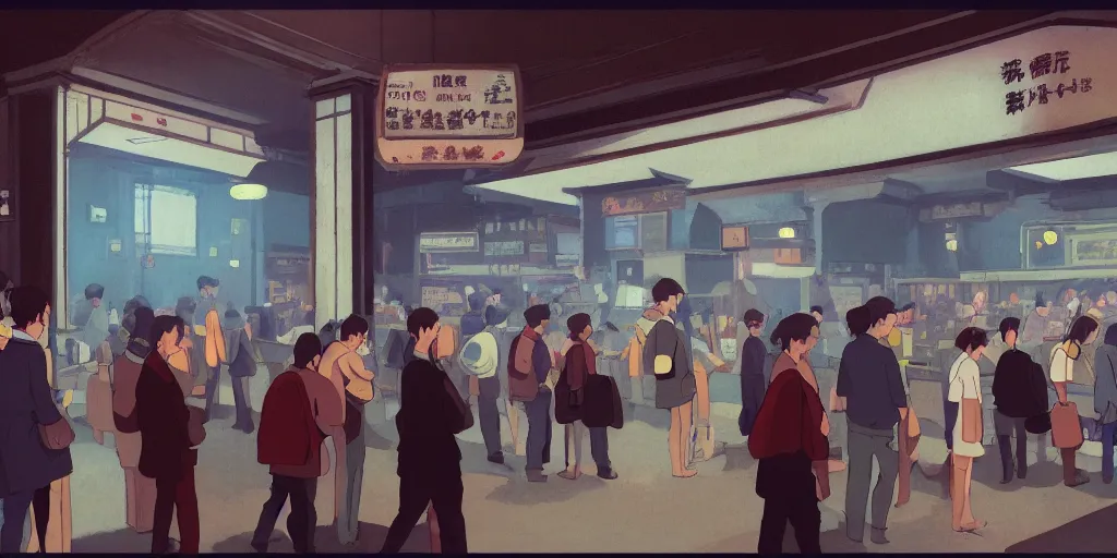 Prompt: queue at a ticketing counter in an old cinema, early morning, detailed matte painting, low angle view, telephoto lens, bokeh, studio ghibli, artstation