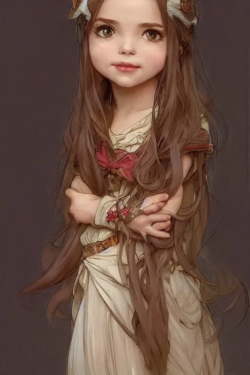 Image similar to a little girl with a mischievous face and short!! light brown straight hair. she is dressed as disney princess painting, beautiful detailed face. by artgerm and greg rutkowski and alphonse mucha