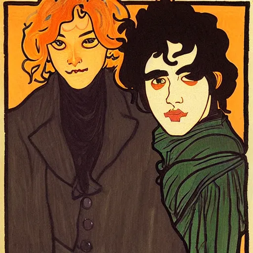 Image similar to painting of young cute handsome beautiful dark medium wavy hair man in his 2 0 s named shadow taehyung and cute handsome beautiful min - jun together at the halloween jack o lantern party, melancholy, autumn colors, elegant, painting, stylized, witchcraft, gorgeous eyes, soft facial features, delicate facial features, art by alphonse mucha, vincent van gogh, egon schiele