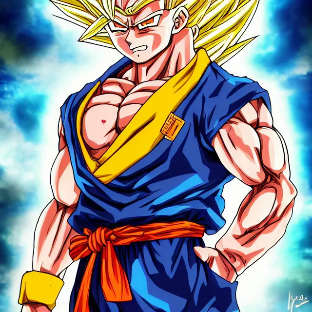 Image similar to super saiyan in the style of jojo's bizarre adventure, ultrafine hyperrealistic detailed face illustration by kim jung gi, irakli nadar, intricate linework, sharp focus, bright colors, matte, octopath traveler, final fantasy, unreal engine highly rendered, global illumination, radiant light, intricate rainbow environment