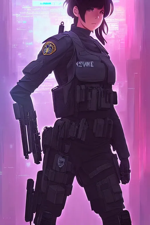 Image similar to anime key visual of a young female swat officer, neon, cyberpunk, futuristic, stunning, highly detailed, digital painting, smooth, soft focus, illustration, movie poster, japanese typography, digital art from artstation by artgerm and greg rutkowski and alphonse mucha