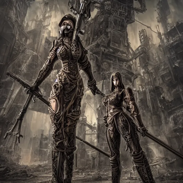 Image similar to apocalyptic woman in hood standing in hall of machinery and weaponry, hyper - detailed, smooth, sharp focus, 4 k ultra hd, fantasy dark art