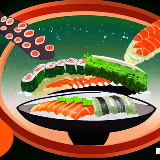 Prompt: digital art of a futuristic sushi platter floating through space