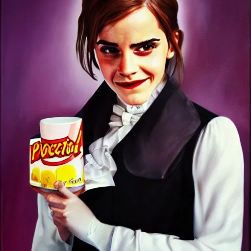 Image similar to emma watson as count chocula, cereal box, photorealistic, portrait, oil painting