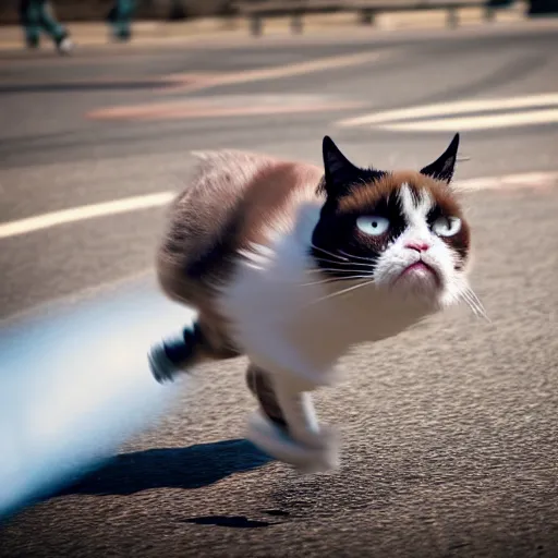 Image similar to photo of hyperspeed flying through outer space, blurry grumpy cat running fast with motion blur