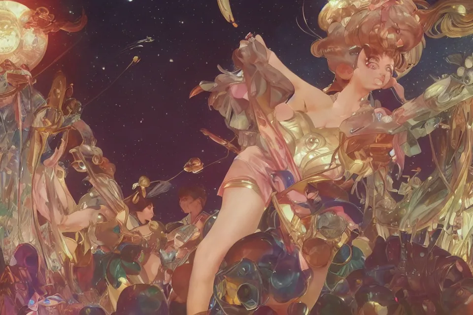 Image similar to Ultra realistic illustration, full body sailor moon at a sausage party, sci-fi, fantasy, intricate, elegant, highly detailed, digital painting, artstation, concept art, smooth, sharp focus, illustration, art by artgerm and greg rutkowski and alphonse mucha