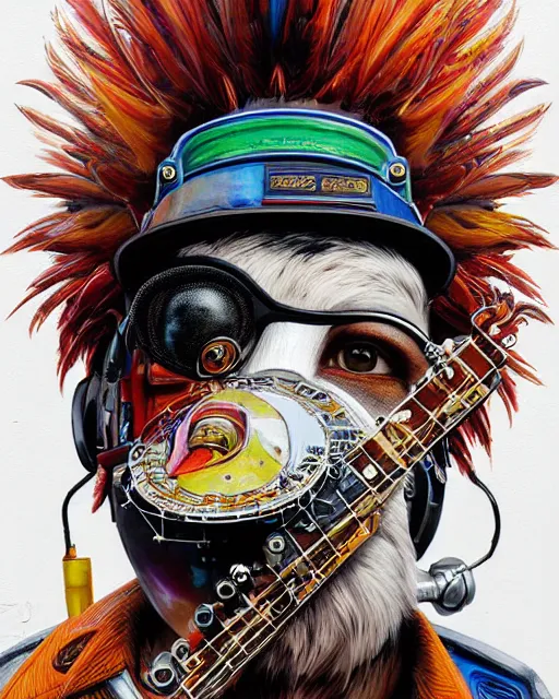 Prompt: a portrait of an anthropomorphic cyberpunk rooster playing a banjo by sandra chevrier, by jon foster, detailed render, tape deck, epic composition, cybernetics, 4 k realistic, cryengine, realistic shaded lighting, sharp focus, masterpiece, by enki bilal