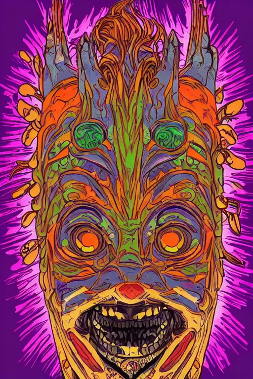 Image similar to animal mask totem roots flower tribal feather gemstone plant wood rock shaman vodoo video game vector cutout illustration vivid multicolor borderlands comics by josan gonzales and dan mumford radiating a glowing aura