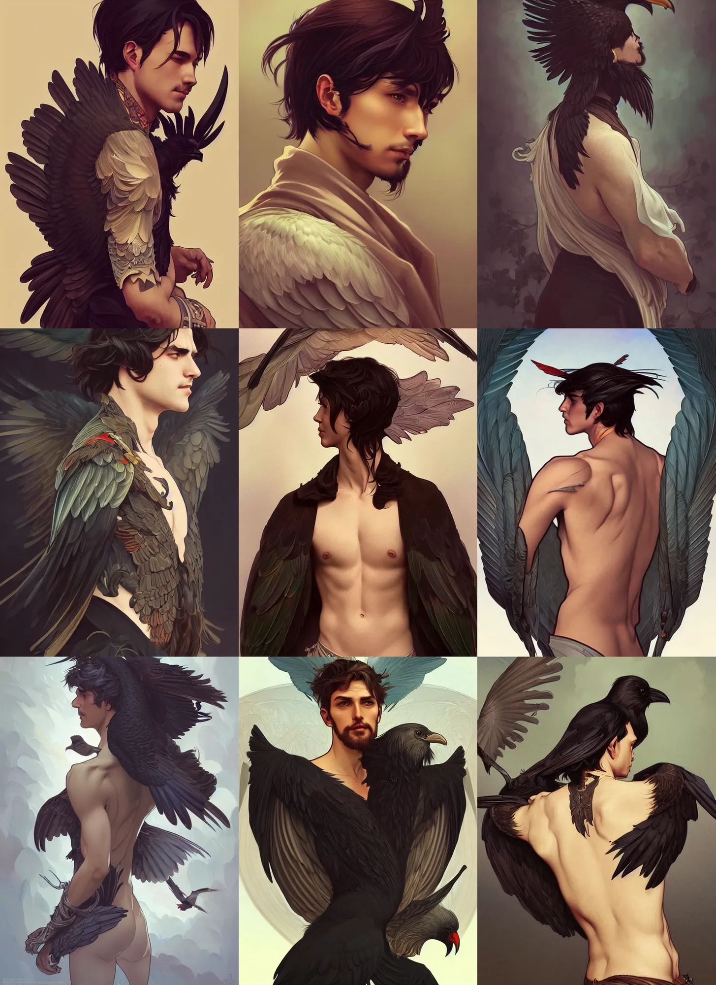 Prompt: A handsome man with crow wings on his back, highly detailed, digital painting, smooth, sharp focus, illustration, art by artgerm and alphonse mucha, high definition digital art, in the style of Ross tran and ilya kuvshinov