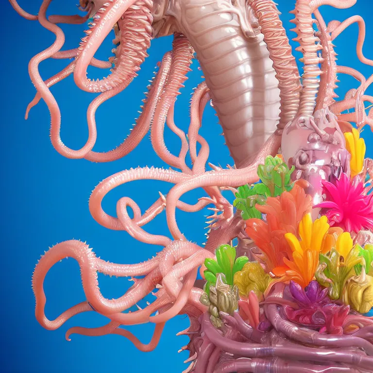 Prompt: still life of transparent plastic xenomorph, beautiful pastel color tropical flowers, glossy metallic human spine, spiky tentacles, tropical fruit, human body parts, colorful mold, baroque painting, beautiful detailed intricate insanely detailed octane render, 8K artistic photography, photorealistic, perfect composition, golden ratio, chiaroscuro, Raphael, Caravaggio