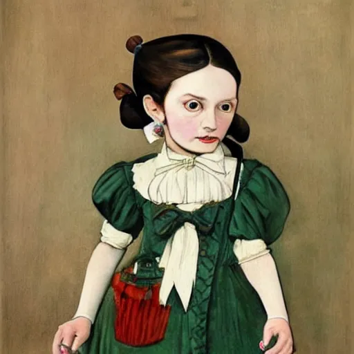 Image similar to little creepy girl wearing an gucci's outfit. art made by artgem, inspired by balthus, highly detailed, realistic, victorian style