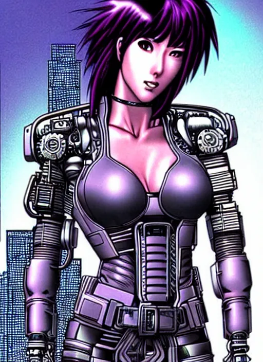 Image similar to motoko kusanagi in grungy cyberpunk megacity, intricate and finely detailed, cyberpunk vaporwave, portrait by j scott campbell