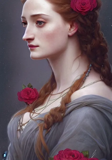 Prompt: portrait of sansa stark with roses in her long hair, intricate, elegant, highly detailed, digital painting, artstation, concept art, smooth, sharp focus, illustration, art by artgerm and greg rutkowski and alphonse mucha and william - adolphe bouguereau