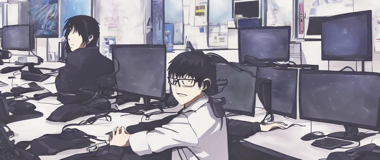Image similar to anime drawing, a man at a desk with ten different computer monitors, his face flat on the keyboard, sound asleep