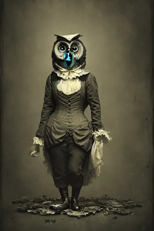 Prompt: wet plate photograph of an anthropomorphic owl dressed in a victorian - era ballgown, dramatic lighting, highly detailed, digital painting, artstation, concept art, smooth, sharp focus, illustration, art by wlop, mars ravelo and greg rutkowski