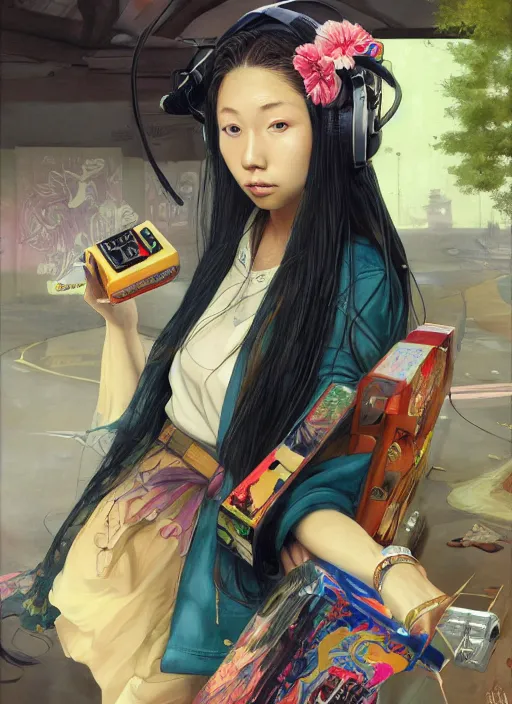 Prompt: beautiful portrait painting of attractive lofi japanese teenage princess assassin chilling to hiphop music on her boombox, by Stephen Hickman and James Gurney and Hiromasa Ogura. Trending on Artstation, 8k, masterpiece, graffiti paint, fine detail, full of color, intricate detail, Golden Ratio illustration