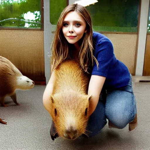 Image similar to elizabeth olsen with a capybara