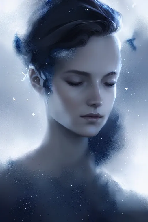 Image similar to constellation by charlie bowater and anna dittmann and artgerm and clemens ascher, intricate, elegant, blue and black and white mist, highly detailed, dramatic lighting, sharp focus, octane render, trending on artstation, artstationhd, artstationhq, unreal engine, 4 k, 8 k