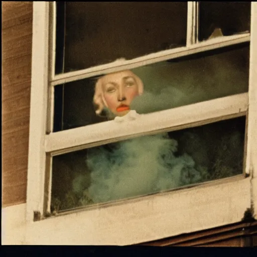 Image similar to Zoomed cropped voyeuristic direct eye contact closeup of supermodel neighbor blowing smoke in window, Technicolor, telephoto lens, vintage photograph, historical archive