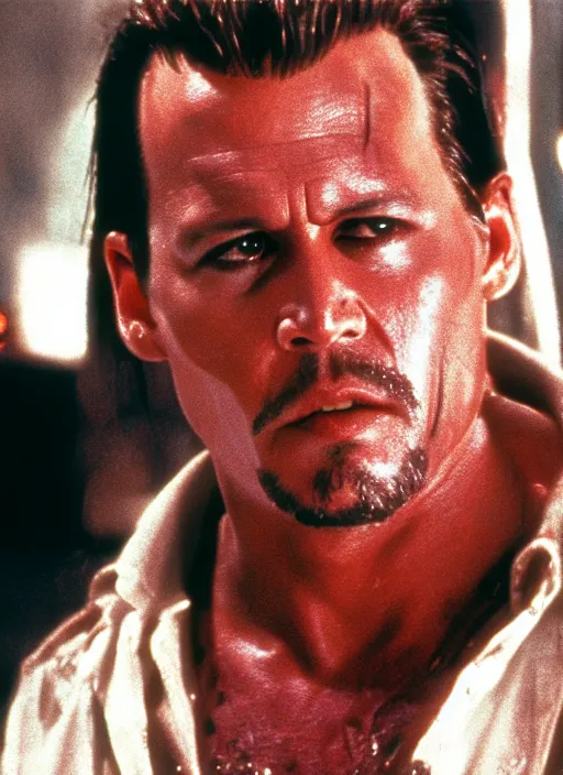 Prompt: film still of Johnny Depp as John McClane in Die Hard, 4k