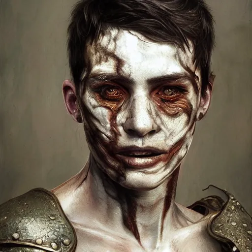 Image similar to portrait painting of a bitter young man with severe burn scars on his face and poorly cut very short hair wearing tattered leather armor, ultra realistic, concept art, intricate details, eerie, highly detailed, photorealistic, octane render, 8 k, unreal engine. art by artgerm and greg rutkowski and charlie bowater and magali villeneuve and alphonse mucha