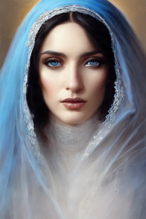 Prompt: ameera al taweel, bright blue eyes, long wavy black hair, white veil, closeup, cinnamon skin color, elegant, highly detailed, centered, oil painting, artstation, concept art by tom bagshaw