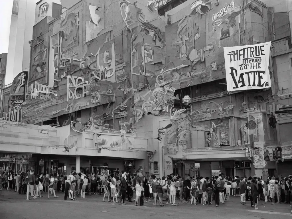 Image similar to a photograph taken with anscochrome 2 0 0, street view of the new theater of the town, with a back to the future banner, a lot of people in a line to enter the theater, ultra detailed, almost night, 1 9 8 5,