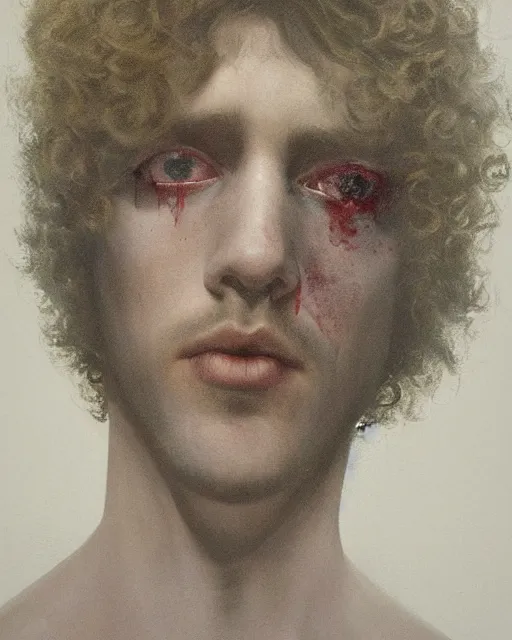 Prompt: a beautiful but sinister young man in layers of fear, with haunted eyes and curly hair, 1 9 7 0 s, seventies, delicate embellishments, a little blood, painterly, offset printing technique, mary jane ansell