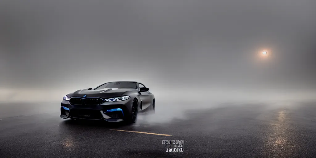 Prompt: parked vantablack BMW M8, fog, rain, volumetric lighting, beautiful, golden hour, sharp focus, highly detailed, cgsociety