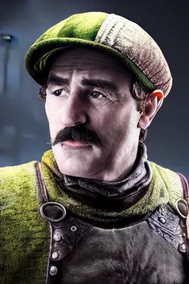 Image similar to very very intricate photorealistic photo of a realistic human version of luigi wearing his hat in an episode of game of thrones, photo is in focus with detailed atmospheric lighting, award - winning details