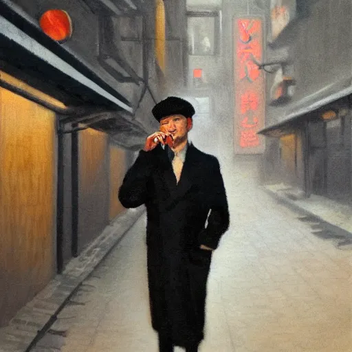 Prompt: realistic close portrait painting of man smoking in a tokyo alley at night in the style of soviet realism